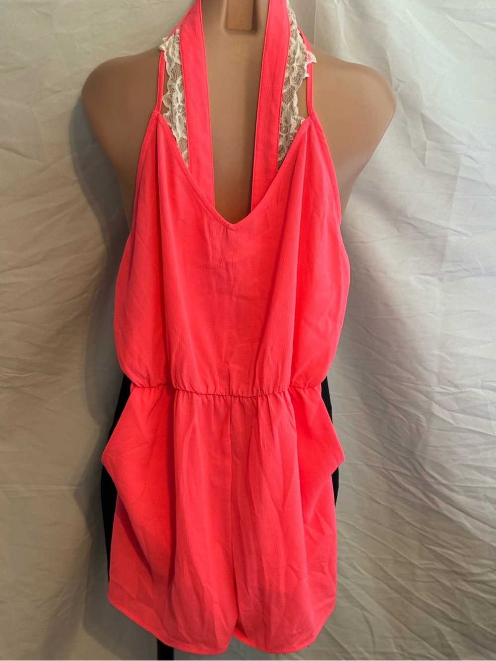 Hot & Delicious Coral Pink Halter Romper with Lace Trim